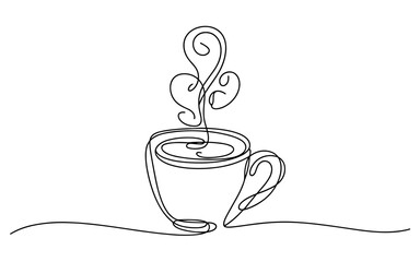 one line illustration of a steaming coffee cup, simple modern design symbolizing warmth, comfort, and relaxation in everyday life.