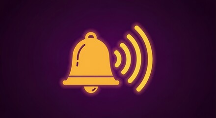 Vibrant Neon Yellow Bell Icon Ringing on Dark Purple Background.