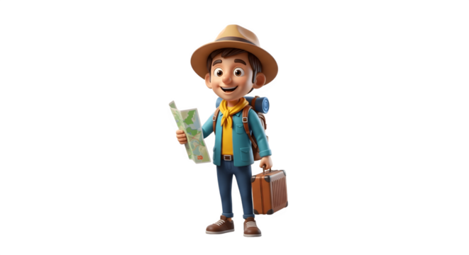 Cheerful 3D cartoon traveler character holding a map and suitcase.