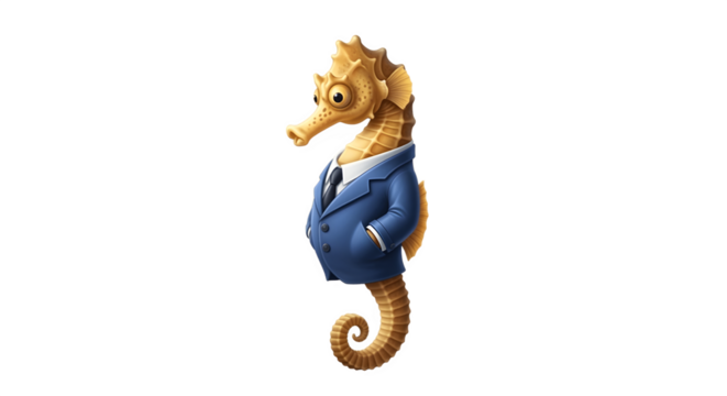 Cartoon seahorse in a blue suit standing upright.