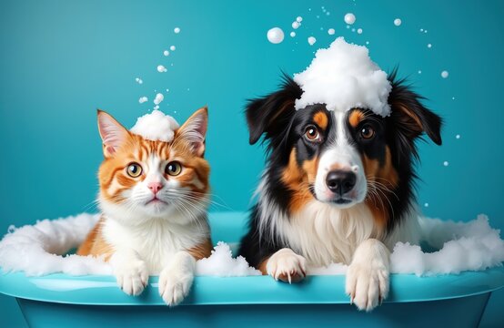 Cat and dog with shampoo foam on heads sit in blue bathtub. Pets get clean with soap bubbles. Cute animals await bath time fun and grooming.