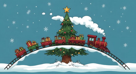 Festive red Christmas train carrying presents over a decorated tree.