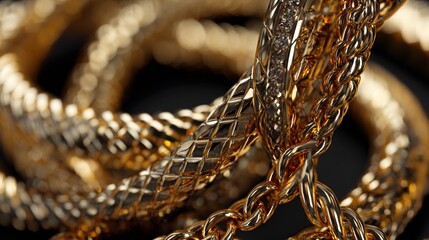 Shiny luxury golden jewelry chains and textures in detailed closeup studio macro photography style