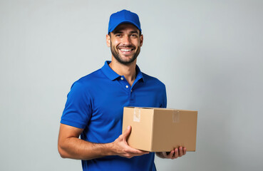 Smiling man in blue uniform and cap holds cardboard box. Confident courier ready for package delivery. He is a parcel carrier, shipping or postal worker.