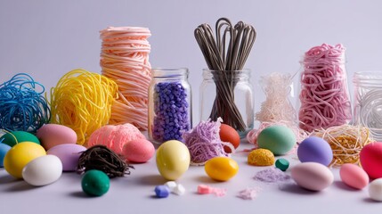 Colorful yarns, threads and craft materials arranged with wool balls in creative studio setup
