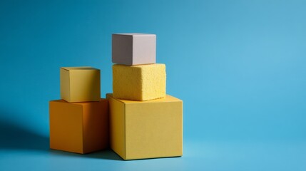 Fototapeta premium Yellow and grey cubes stacked geometrically on blue background in modern abstract arrangement