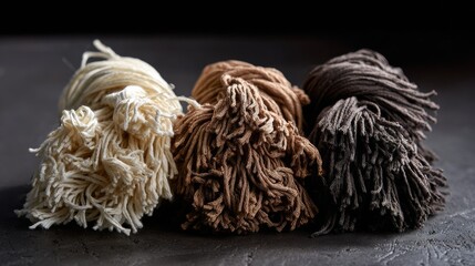 Neutral tone tassels made of yarn on dark background for fashion or textile product design