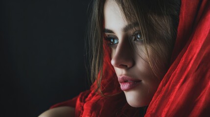 Closeup portrait of mysterious woman in red scarf with moody shadows and dark background setting
