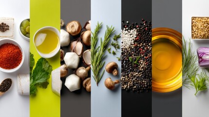 Colorful layout of spices, herbs, and oils on neutral background