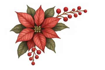 Poinsettia and winter berries border creating festive christmas season holiday decoration watercolor illustration