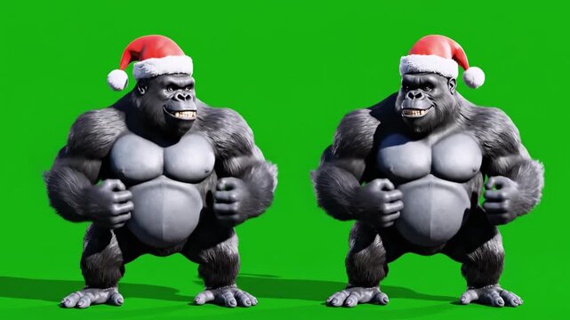Two muscled gorillas in Santa hats, smiling, set against a vibrant green backdrop