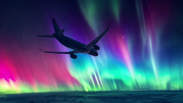 Aurora Borealis digital artwork featuring an airplane in flight against a vibrant backdrop of the aurora borealis. The plane is depicted in a side profile, with its wings spread wide.