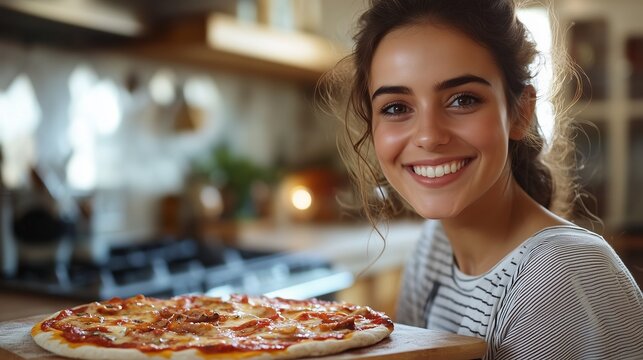 Smiling woman with long dark hair holds freshly baked pizza in a cozy kitchen, showcasing culinary skills and inviting atmosphere for food lovers and home chefs