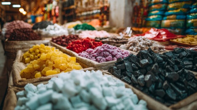 Colorful Turkish delights arranged in trays at market stall for sweet dessert, candy or cultural food photography