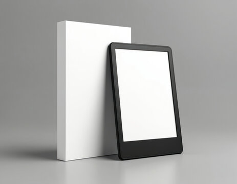 White blank book cover stands next to black e-reader with blank screen on clean grey background. Minimalist product mockup combines physical print, digital media. Use template to promote reading,