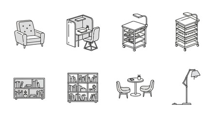 office furniture icons set armchair desk bookcase and seating area representing workspace design and home office solutions for interior decoration needs.