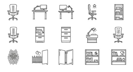 Office furniture icons for workspace design illustrating interior decor planning home office open space and workplace layouts with furniture.