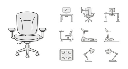 office equipment icons adjustable standing desk ergonomic chair treadmill promoting a healthy and active workspace design ideal for wellness resources.