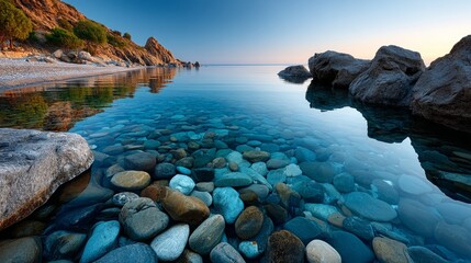 Scenic rocky beach shoreline with calm turquoise water and smooth stones under clear blue sky for travel concept