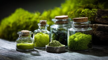 Miniature glass jars filled with moss on wooden surface for botanical science decor, terrarium or nature collection image
