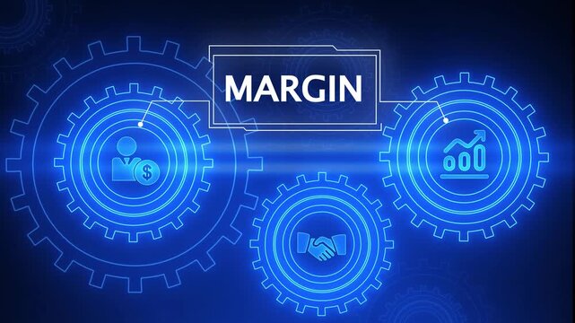 Glowing Blue Gears with Margin Icon and Financial Symbols on Dark Background profit finance