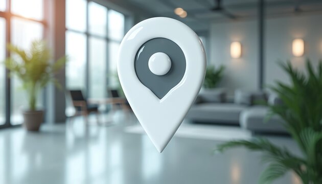 White 3D location pin icon floats in modern office space. Symbol represents new business address office relocation announcement. Conveys information about place change, guide, navigation services for