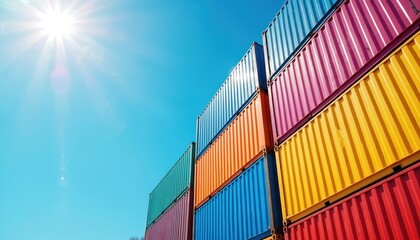 Fototapeta premium Rows of colorful shipping containers are stacked high against a clear blue sky. The sun shines brightly, casting rays across the scene. This image symbolizes global trade and industry.