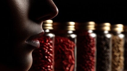 Closeup of lips with glossy red lipstick next to glittering spice jars for glamorous beauty and culinary creative concept photo