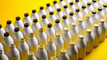 Rows of yellow and white milk bottles on geometric background for dairy branding or minimalist packaging display photography concept