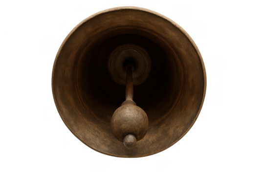 Bell ringing inside antique bronze instrument, viewing clapper and dark interior on transparent background