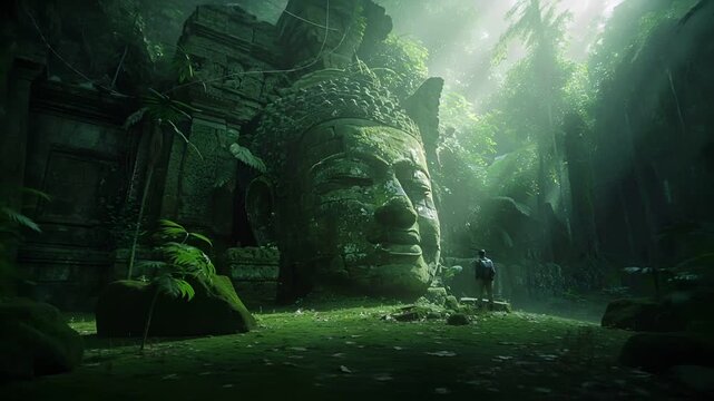 A vivid portrayal of an ancient temples face, set amidst a lush, verdant jungle. The temples stone carvings are intricately detailed, with a prominent nose and a serene expression.