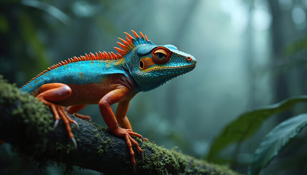 Close up of colourful lizard on tree branch in jungle. Exotic reptile has blue skin and orange crest. Fauna in rainforest environment. Wildlife in nature habitat. Tropical animal. - Powered by Adobe