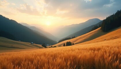 Golden wheat field covers rolling hills in mountain valley landscape. Sun sets over distant peaks, casting warm light. Rural scene with small houses, green forest trees creates peaceful summer