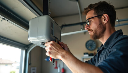 Man repairs garage door opener. Technician fixes automatic door mechanism. Pro home service worker in workshop. Maintenance, repair, and adjustment of the electric gate system.