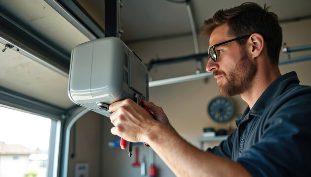 Man repairs garage door opener. Technician fixes automatic door mechanism. Pro home service worker in workshop. Maintenance, repair, and adjustment of the electric gate system.
