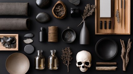 Flatlay of dark objects with skull and art tools for gothic aesthetic, mystery mood or creative branding photography product setup purposes