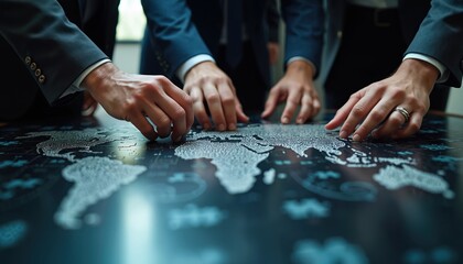 Business team analyzes world map on interactive digital table. Hands point to global locations. Corporate executives discuss international market strategy, plan, growth, network. Professionals
