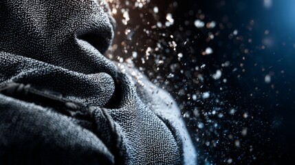 Black towel with dust particles on dark background for laundry branding, clean product texture or wellness spa photography design content