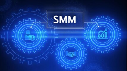 SM concept with glowing blue gears and business icons on dark background social media marketing digital marketing - Powered by Adobe