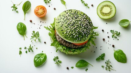 Green burger with a unique sesame seed bun, fresh vegetables, and herbs arranged artistically on a white background, showcasing a modern take on healthy eating