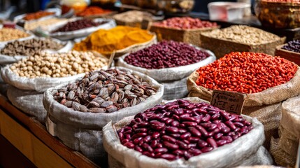 Colorful spices and grains in market bags for culinary branding, ethnic product photography or global food trade advertising presentation visuals