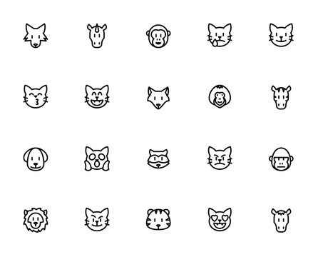 Emoji Animal Faces icon set. Cute animal vector emoj pack. Includes wolf, unicrn, monkey, fox, lion, tigr, zebra, dog, raccoon, goilla, ape, horse and cat.