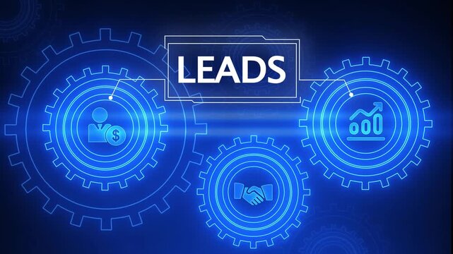 Digital Marketing Leads Concept with Interlocking Gears and Business Icons on Blue Background lead generation