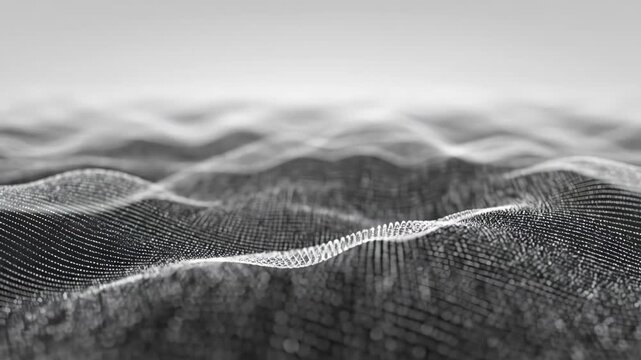 Abstract Digital Waveform Flow: Mesmerizing Black and White Particle Grid Animation for Futuristic