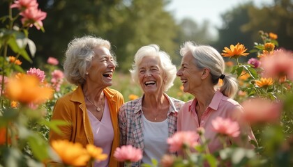 Three senior women stand together in flower garden laughing. Mature females enjoy time outdoors. Older friends smile happy in nature surrounded by colorful flowers.