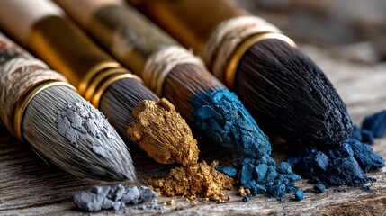 Paintbrushes with colorful pigment powder on rustic wood for art concept photography, creative branding or artistic tools flat lay imagery