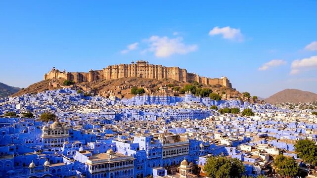 A cityscape of blue houses at the base of a fort, nestled on a hill, under a clear blue sky