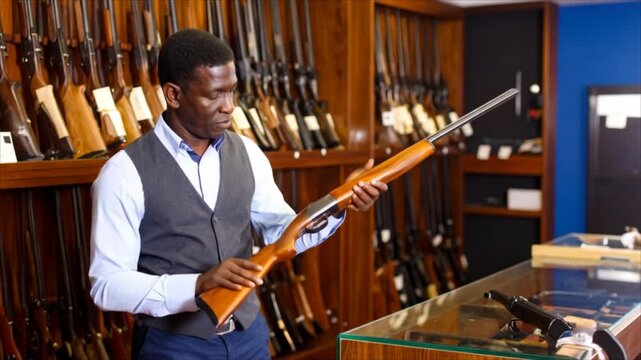 Man examines a rifle in a gun store, with rows of rifles displayed on wooden shelves
