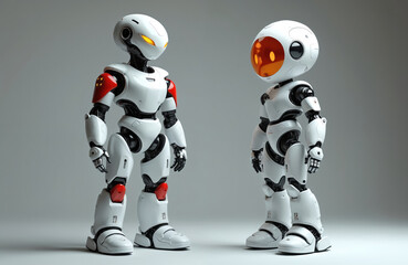 Fototapeta premium Two white humanoid robots stand side-by-side. One yellow eyes, red accents on shoulders, knees. Orange visor-like face, appears slightly shorter. Futuristic androids for tech, science themes.
