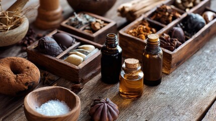 Natural spa ingredients with essential oils and stones in wood tray for wellness product branding or organic beauty content photography